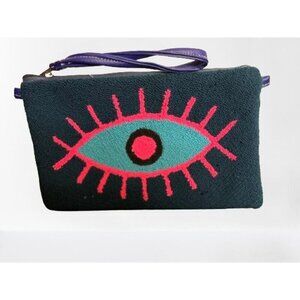 Le Pom Pom Knitted Eye Clutch in Aqua Green/Blue & Pink 11"